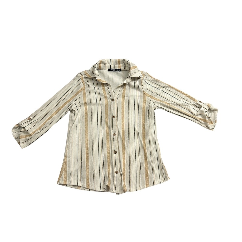 CURE Striped Ribbed Knit Button Down‎ Shirt Womens S Tan White NWT